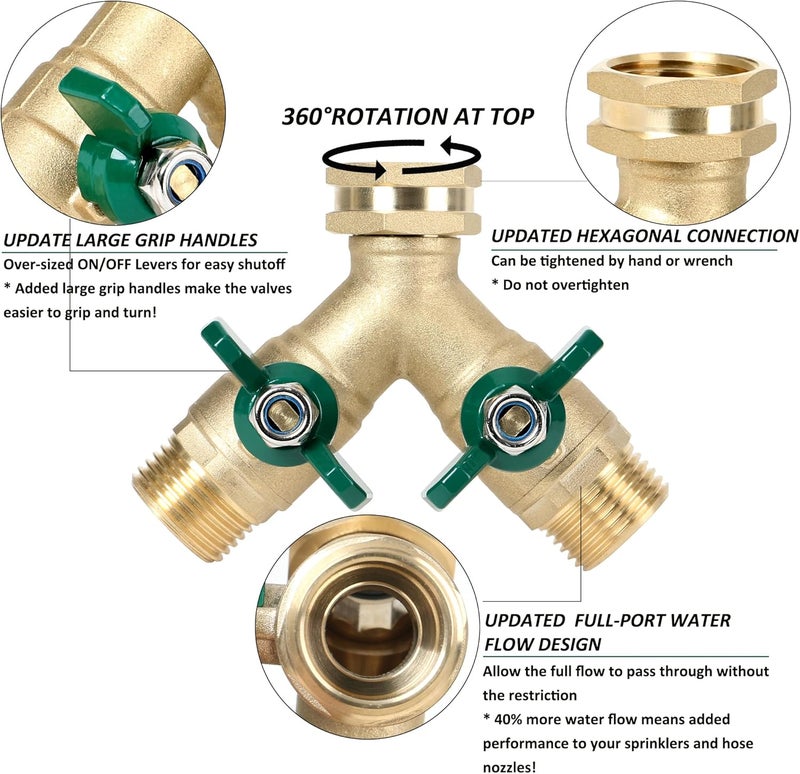 STYDDI Garden Hose Splitter Full Flow, Brass Heavy Duty Hose Splitter 2-Way High Flow, All Metal Hose Y Splitter with Shutoff, Outdoor Faucet Splitter Hose Connector, Water Hose Y Valve Tap Adapter - Image 5